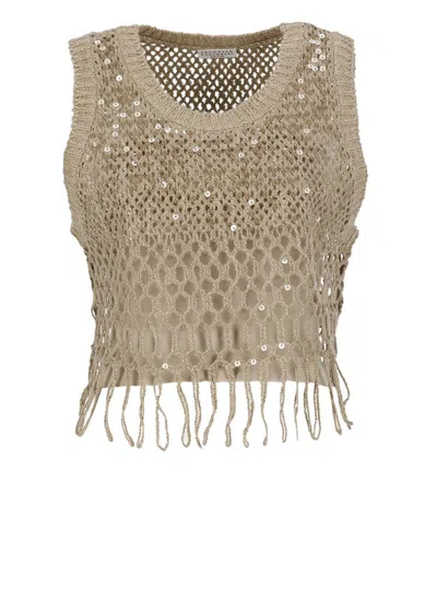 Brunello Cucinelli Fringed Knit Cropped Top In Beige
