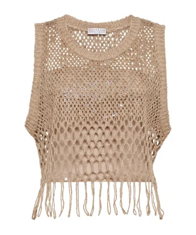 Brunello Cucinelli Fringed Knit Cropped Top In Brown