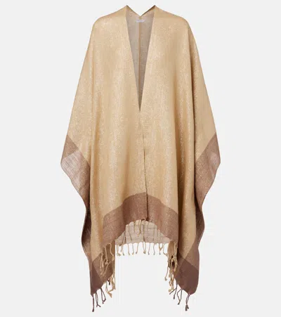 Brunello Cucinelli Fringed Linen-blend Lamé Poncho In Brown