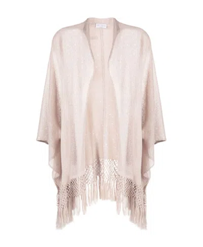 Brunello Cucinelli Fringed Linen Poncho In Pink