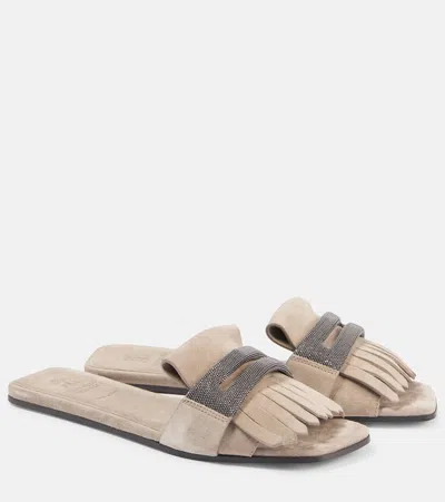 Brunello Cucinelli Fringed Suede Slippers In Nude