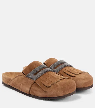 Brunello Cucinelli Fussbett Bead-embellished Fringed Suede Slippers In Sesamo