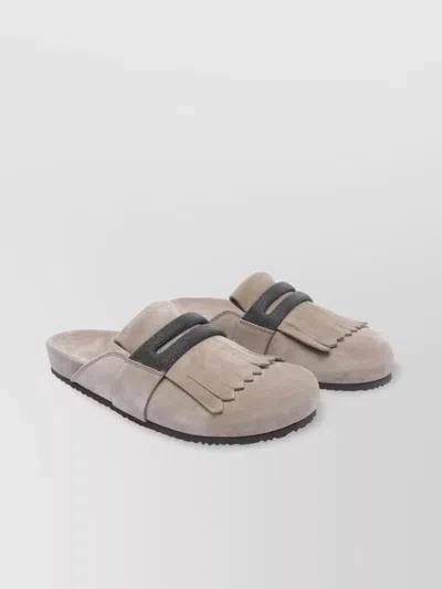 Brunello Cucinelli Fringed Suede Slippers Textured Strap In Gray