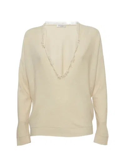 Pre-owned Brunello Cucinelli Fringed V-neck Sweater In Neutral
