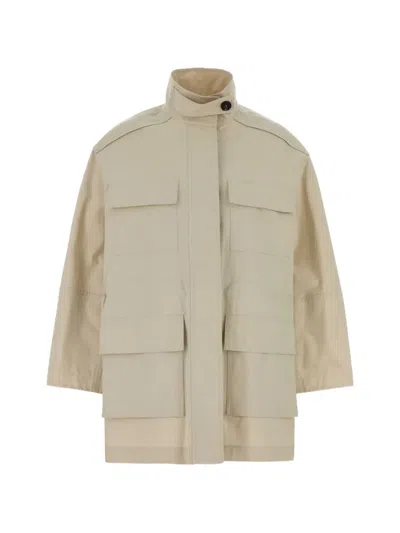 Brunello Cucinelli Long Cotton Blend Jacket Front Pockets In Neutral