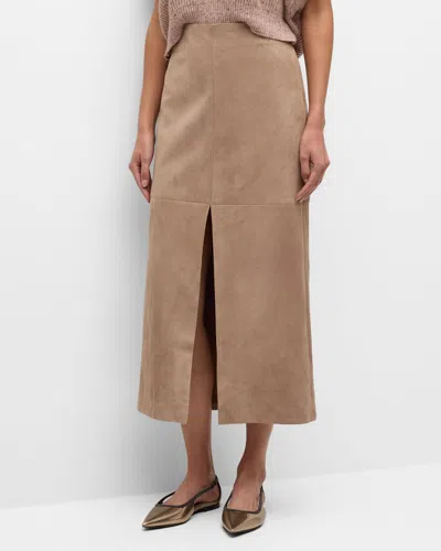 Brunello Cucinelli Front-slit Suede Midi Skirt In Neutral