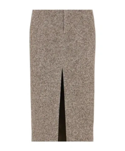 Brunello Cucinelli Front Split Knit Long Skirt In Gray