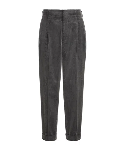 Brunello Cucinelli Frosted Cotton Corduroy Trousers With Double Pleats In Black