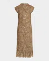 Brunello Cucinelli Frosty Sequined Wool-cashmere Fringe Midi Dress In Brown