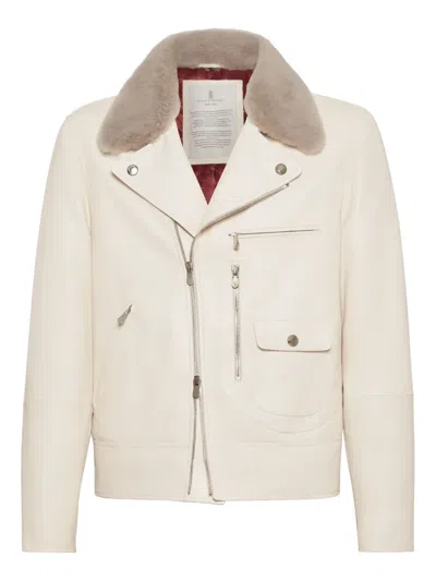 Brunello Cucinelli Fur-collar Leather Jacket In White