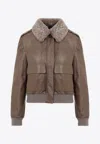 Brunello Cucinelli Leather Jacket With Shearling Collar And Ribbed Finish In Brown