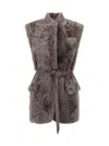 Brunello Cucinelli Leather-trimmed Belted Plush Fabric Gilet In Brown