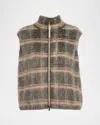 Brunello Cucinelli Fuzzy Check Wool-mohair Zip Vest In Brown