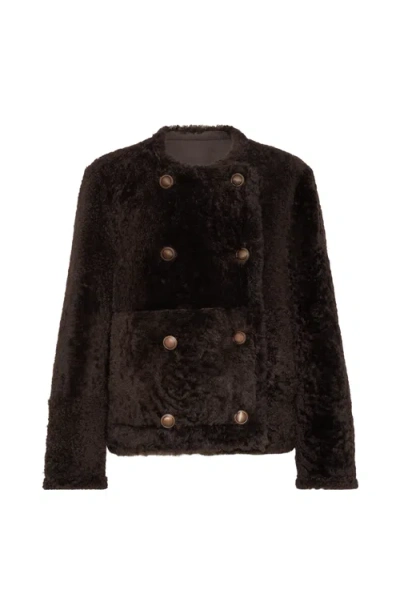 Brunello Cucinelli Fuzzy Shearling Cropped Pea Coat In Brown