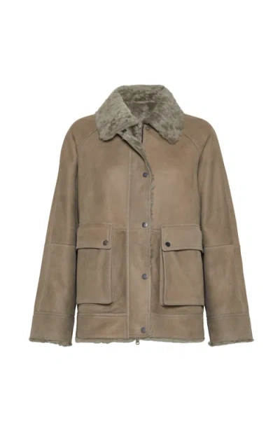 Brunello Cucinelli Fuzzy Shearling Outerwear Jacket In Brown