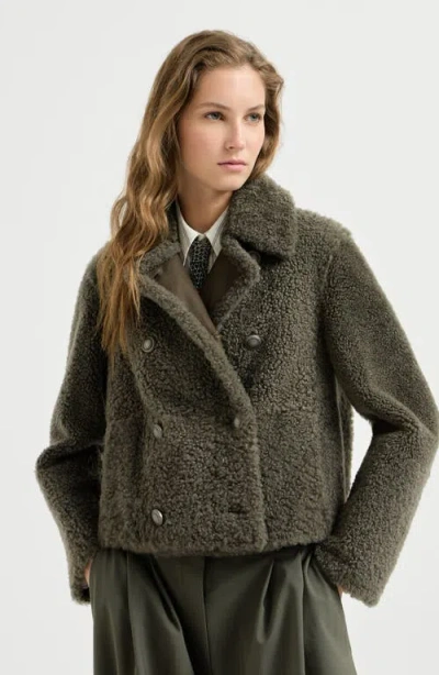 Brunello Cucinelli Fuzzy Shearling Pea Coat In Green