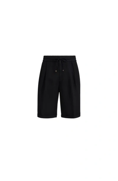 Brunello Cucinelli Men Garment Dyed Linen Gabardine Bermuda Shorts With Drawstring And Darts In Black