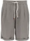 Brunello Cucinelli Men Garment-dyed Bermuda Shorts In Linen Gabardine With Drawstring And Pleat In Gray