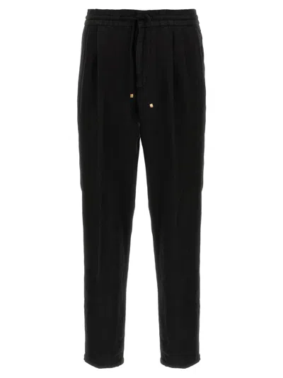 BRUNELLO CUCINELLI BRUNELLO CUCINELLI GARMENT-DYED BLACK LINEN TROUSERS WITH ADJUSTABLE WAIST
