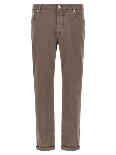 Brunello Cucinelli Garment-dyed Cotton Denim Jeans In Brown