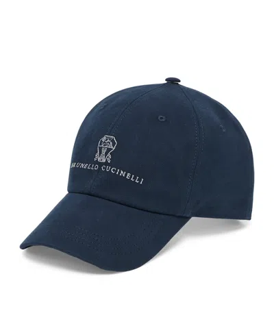 Brunello Cucinelli Men Baseball Cap In Garment-dyed Twisted Cotton Gabardine With Embroidered Logo In Blue