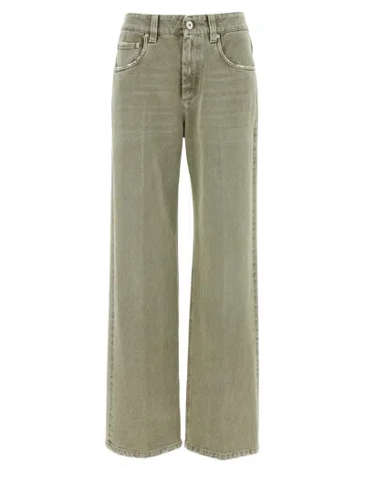 Brunello Cucinelli Garment-dyed Cotton Wide Leg Jeans In Green