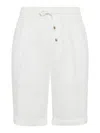 Brunello Cucinelli Garment Dyed Linen Gabardine Bermuda Shorts With Drawstring And Darts In White