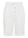 Brunello Cucinelli Garment Dyed Linen Gabardine Bermuda Shorts With Drawstring And Darts In White