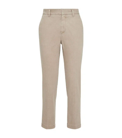 Brunello Cucinelli Women's Garment Dyed Cigarette Trousers In Stretch Cotton Drill With Monili In Brown