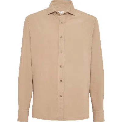 Brunello Cucinelli Garment-dyed Narrow Wale Corduroy Shirt With Snap Buttons In Beige