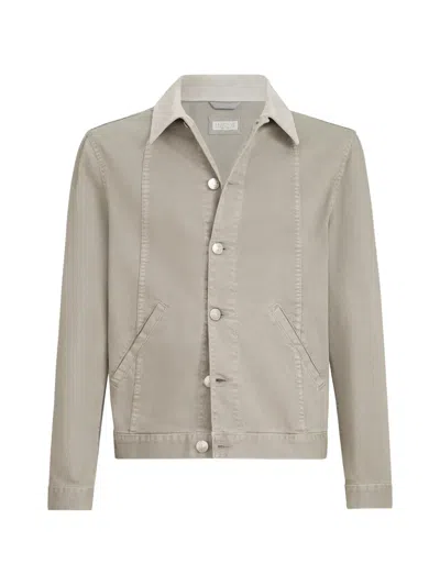 Brunello Cucinelli Garment-dyed Outerwear Jacket In Comfort Cotton Lightweight Denim With Leather Collar In Neutral