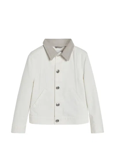Brunello Cucinelli Kids' Garment-dyed Outerwear Jacket In Comfort Cotton Lightweight Denim With Suede Collar In White