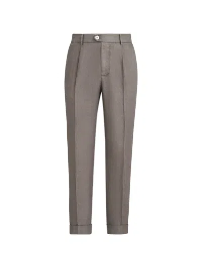 Brunello Cucinelli Garment-dyed Trousers In Linen Gabardine With Pleat In Burgundy