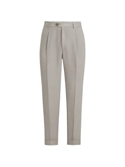 Brunello Cucinelli Garment-dyed Trousers In Linen Gabardine With Pleat In Neutral