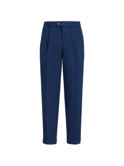 Brunello Cucinelli Garment-dyed Trousers In Twisted Cotton Gabardine With Pleat In Blue