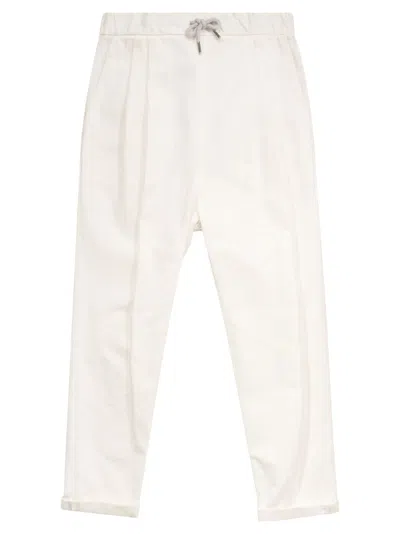 Brunello Cucinelli Kids' Garment-dyed Twisted Cotton Gabardine Pants With Drawstrings In White