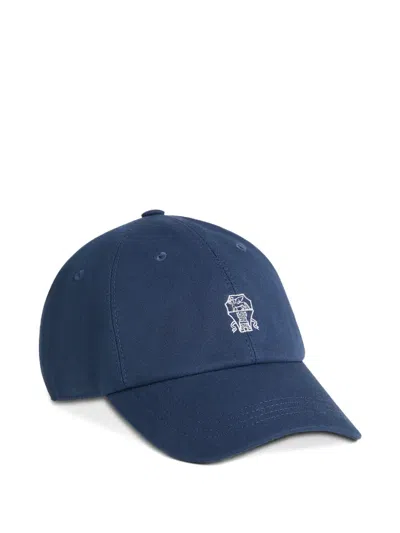 Brunello Cucinelli Kids' Garment-dyed Baseball Cap In Twisted Cotton Gabardine With Logo In Blue