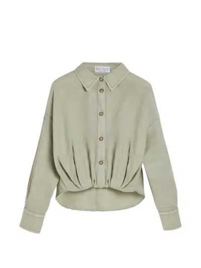 Brunello Cucinelli Kids' Garment-dyed Shirt In Linen And Cotton Pinpoint In Green