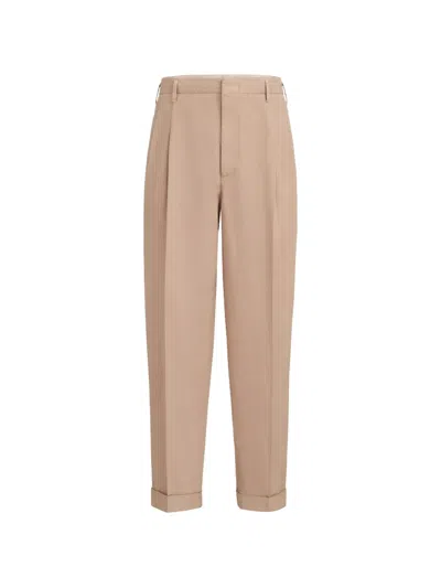 Brunello Cucinelli Garment-dyed Trousers In Cotton And Linen Canvas With Double Pleats In Neutral