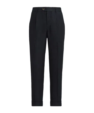 Brunello Cucinelli Garment-dyed Trousers In Linen Gabardine With Pleat In Black