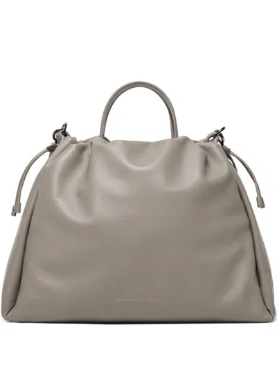 Brunello Cucinelli Gathered Light Grey Calf Leather Bag With Monili Chain Detail