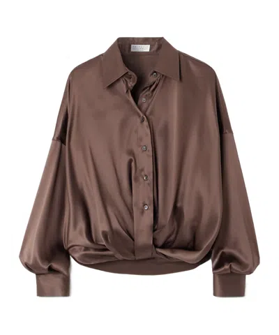 Brunello Cucinelli Gathered Silk-blend Satin Shirt In Brown