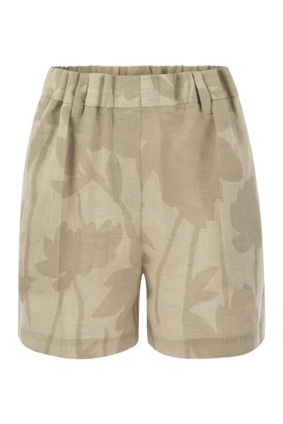BRUNELLO CUCINELLI GATHERED WAIST SHORTS IN LINEN WITH RAMAGE PRINT FOR WOMEN