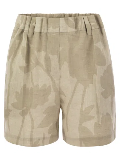 Brunello Cucinelli Gathered Waist Shorts In Lexivé Linen Ramage Print Canvas In Natural