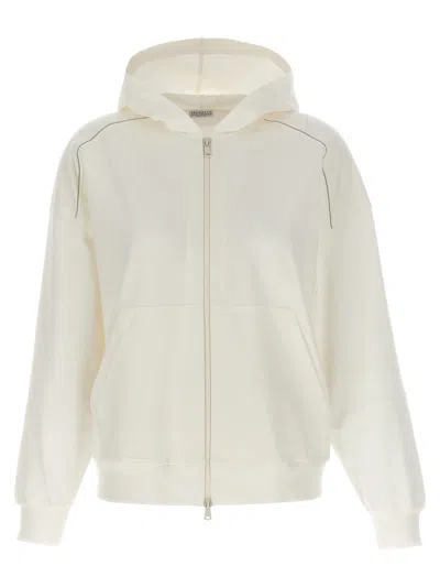Brunello Cucinelli Gauze Cotton Hoodie With Monile Detail In White