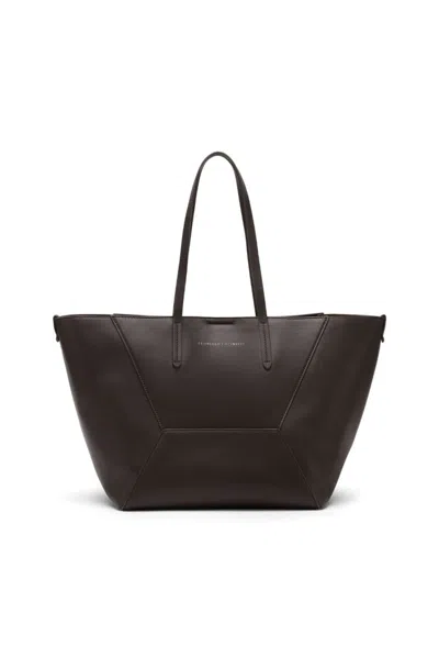 Brunello Cucinelli Geometric Design Leather Tote Bag With Structured Silhouette In Testa Moro