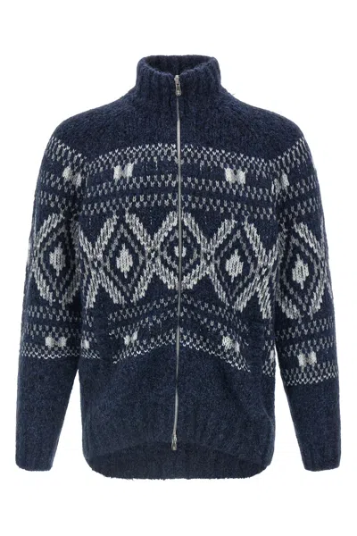 Brunello Cucinelli 'geometric Jacquard' Cardigan In Blue