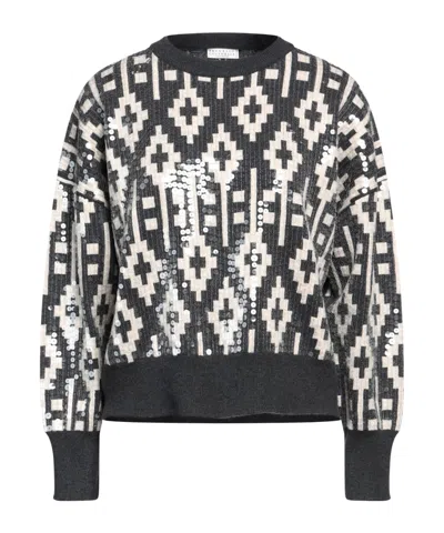 Brunello Cucinelli Geometric Jacquard Crewneck Knit Sweater In Black