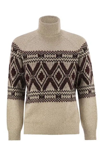 Brunello Cucinelli Geometric Jacquard Turtle Neck Pullover In Neutral