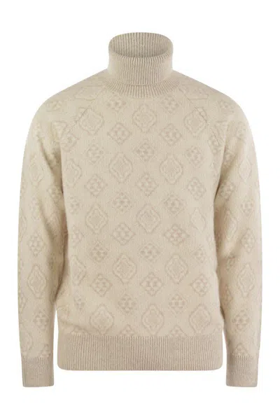 Brunello Cucinelli Geometric Jacquard Turtleneck Sweater In Alpaca, Cotton And Wool In Beige